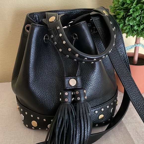 SANDRO Paris Alane Black Studs Pebble Leather Bucket Bag Tassel - Picture 4 of 12